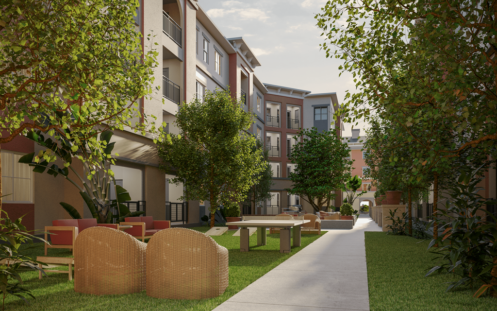 a rendering of an apartment complex with grassy areas and trees
