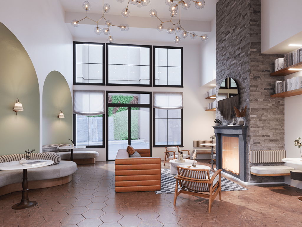 a rendering of a living room with a fireplace and large windows
