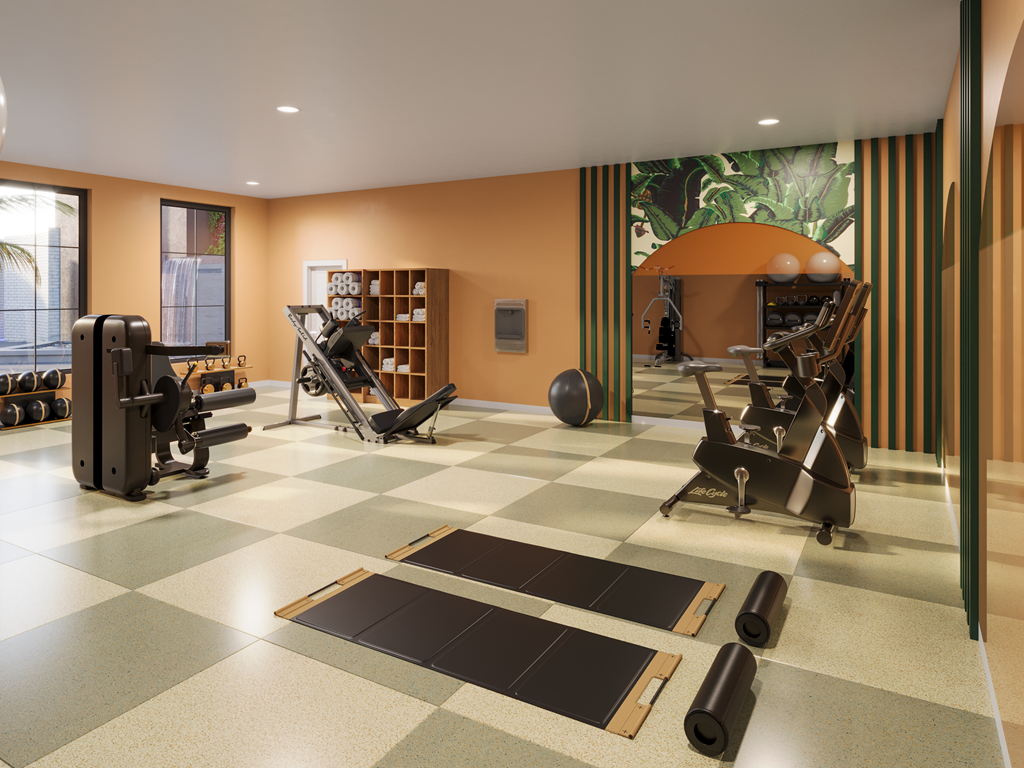 a rendering of a fitness center with weights and other exercise equipment