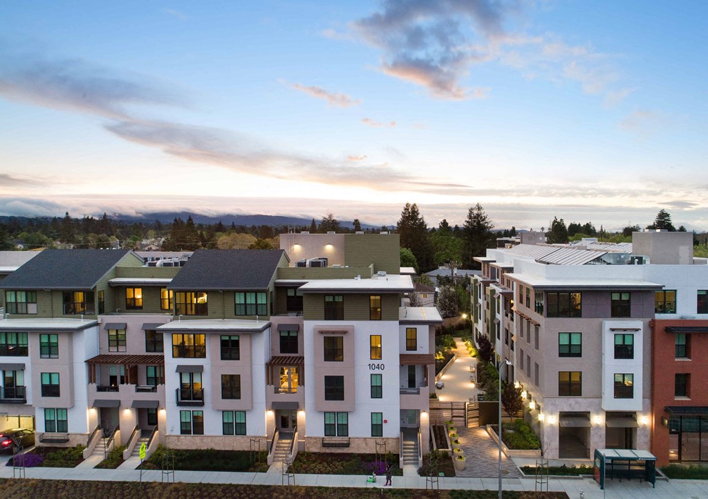 Elan Mountain View exterior at dusk