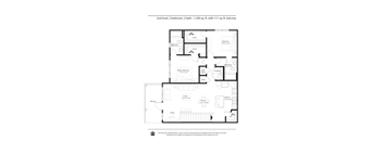 A floor plan of a 2nd level apartment with 2 bedrooms, 2 bathrooms, and a balcony.
