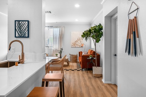 a living room with a kitchen and a dining room