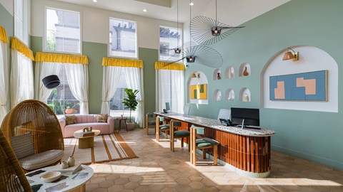 Leasing Office, bright windows and lounging areas