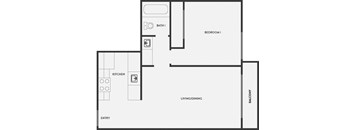A floor plan of a small apartment with a kitchen, one bedroom, and a living/dining area.