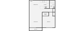 A floor plan of a house with a dining room, kitchen, bath, living room, bedroom, balcony, and walk-in closet.