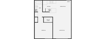 A floor plan of a house showing a kitchen, dining room, living room, bedroom, bathroom, and walk-in closet.