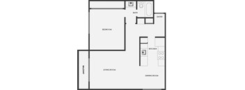 A floor plan of a small apartment with a bedroom, living room, kitchen, dining room, and bathroom.