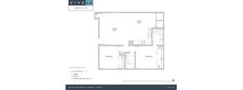 A floor plan for a ViveLa apartment shows two bedrooms, two bathrooms, a living room, dining room, and balcony.