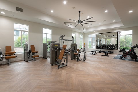 a spacious fitness room with hardwood flooring and large windows