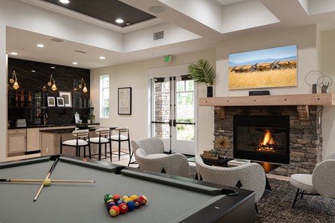 a games room with a pool table and a fireplace