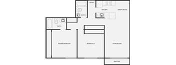 A floor plan of a house with a master bedroom, two bathrooms, a living room, a dining room, a kitchen, and a balcony.