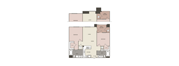 A floor plan of a house with two bedrooms, a living room, a dining room, a kitchen, a bathroom, a patio, a balcony, a closet, a laundry area, and an entry.