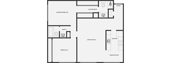 A floor plan of a house with a master bedroom, two bathrooms, a living room, a dining room, a kitchen, and a bedroom 2.