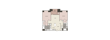 A floor plan of a house with two bedrooms, a living room, a dining room, a kitchen, a bathroom, a cloakroom, and a patio/balcony.