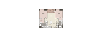A floor plan of a house with two bedrooms, a living room, a kitchen, a bathroom, a dining room, and a patio balcony.