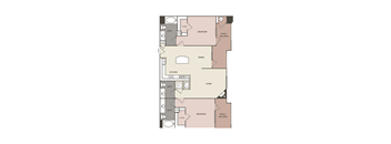 A floor plan of a house with a living room, dining room, kitchen, two bedrooms, and a closet.