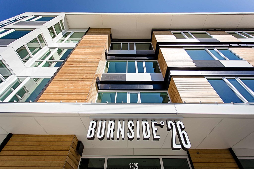 Looking upwards at front exterior of Burnside 26