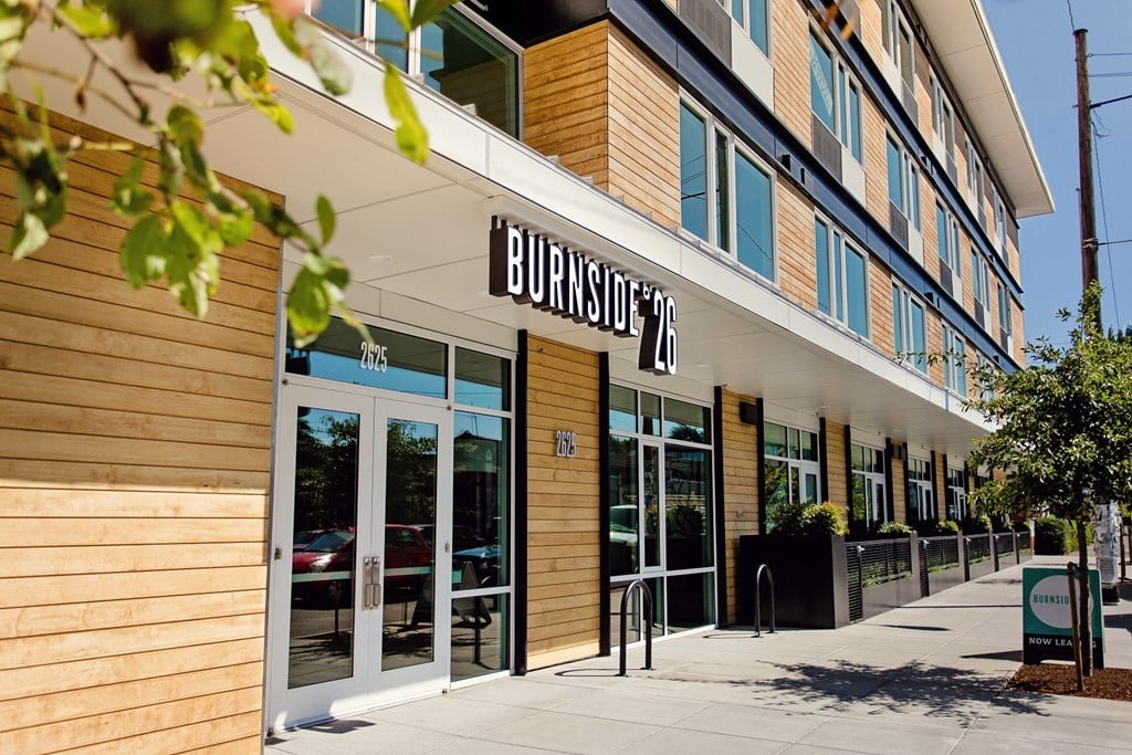 Exterior of Burnside 26, front entrance on a sunny day