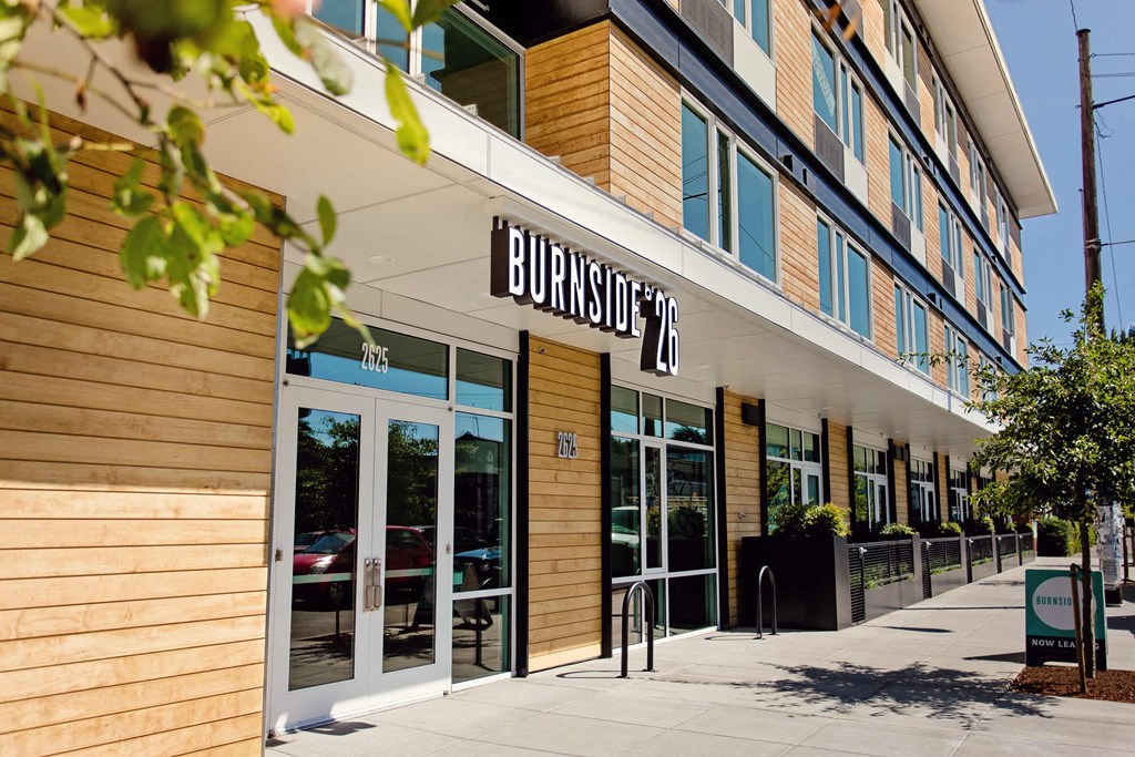 Exterior of Burnside 26, front entrance on a sunny day