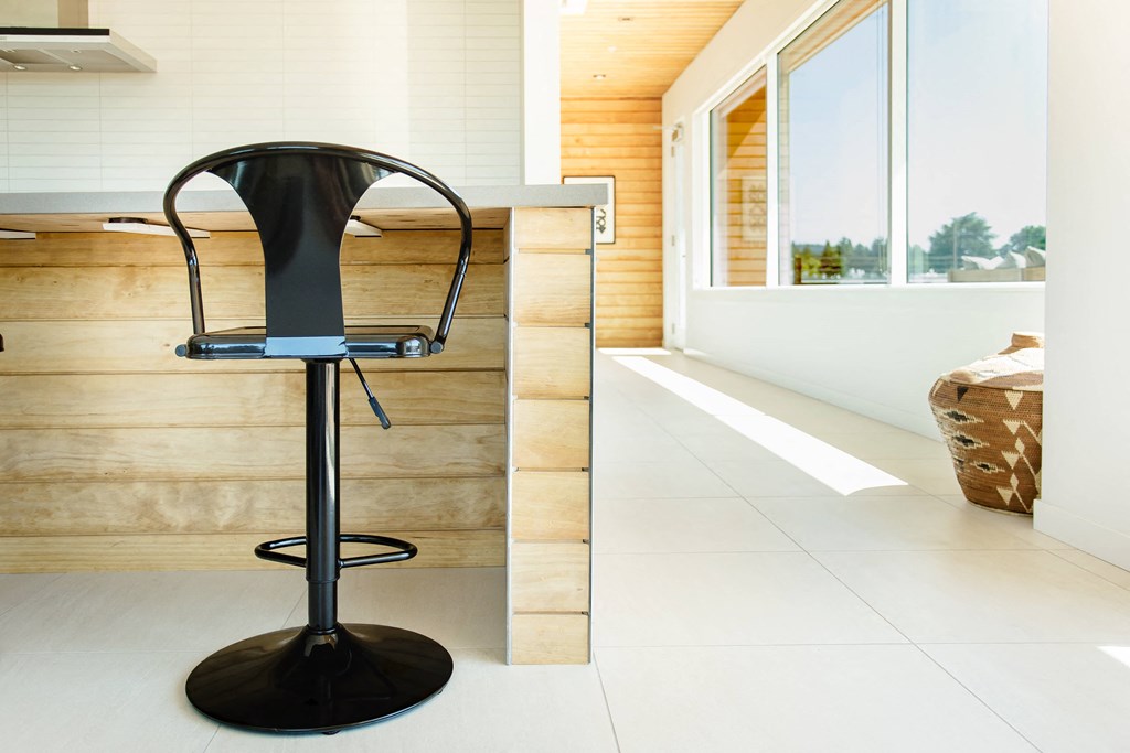 Rooftop indoor clubhouse hallway and counter with wood touches