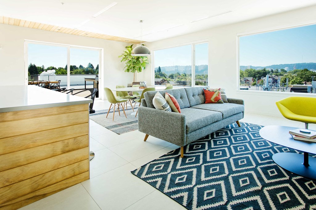 Rooftop indoor clubhouse with large windows all around