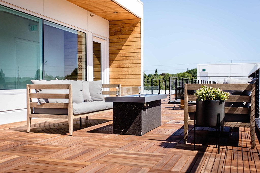 Rooftop outdoor patio with wooden finishes