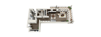 A top-down view of a modern apartment layout.