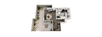 A top-down view of a house layout with a kitchen, living room, and two bedrooms.