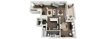 A top-down view of a modern apartment layout with a kitchen, living room, dining area, and bathroom.