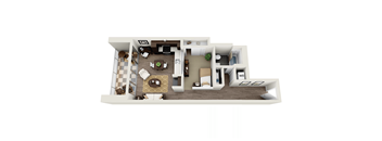 A floor plan of a house with a living room, dining room, kitchen, and two bedrooms.