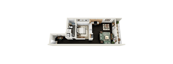 A floor plan of a house with a living room, kitchen, and two bedrooms.