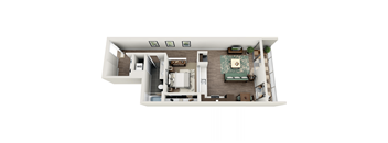 A top-down view of a house interior with a kitchen, living room, and bathroom.