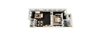 A 3D floor plan of a small apartment with a living room, kitchen, and bedroom.