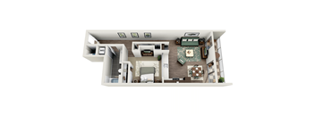 A top-down view of a house interior with a living room, kitchen, and dining area.