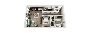 A top-down view of a well-furnished apartment layout.