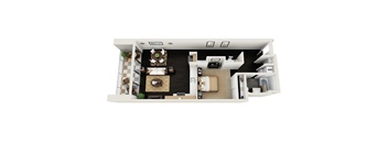 A top-down view of a modern apartment with a kitchen, living room, and bathroom.
