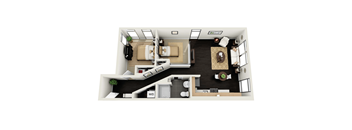 A top-down view of a house interior with a living room, kitchen, and bathroom.
