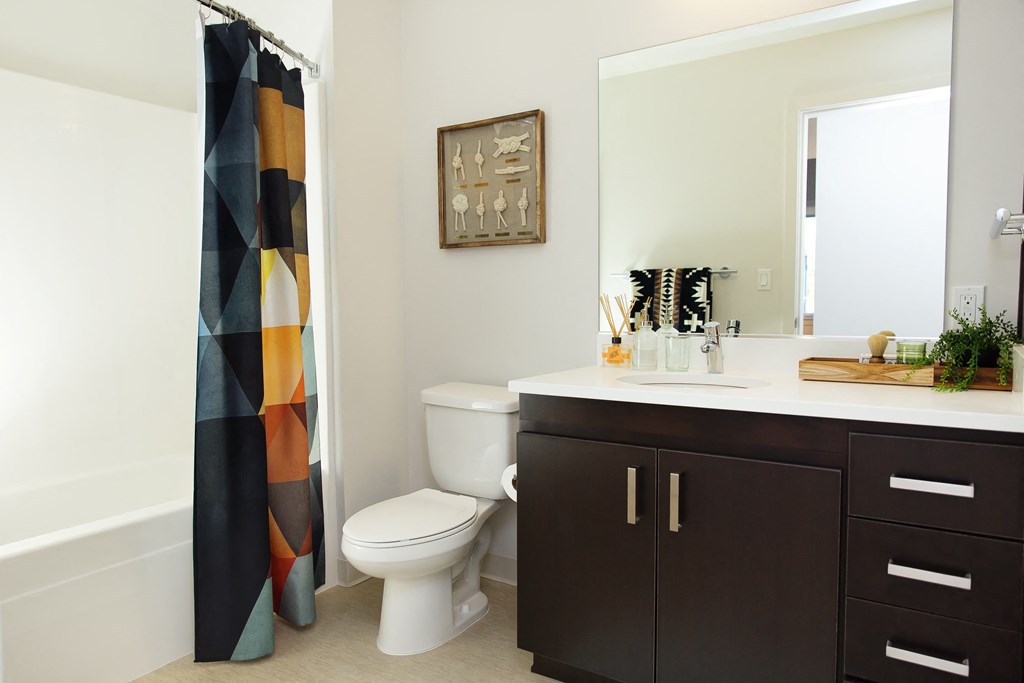 Modern bathroom with shower, toilet, sink, cabinet and sink space