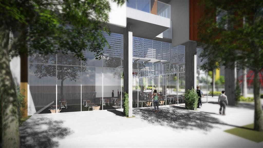 Exterior with view into glass surrounding indoor common dining area