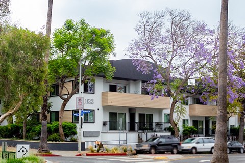 Exterior with unit patios and trees around property
