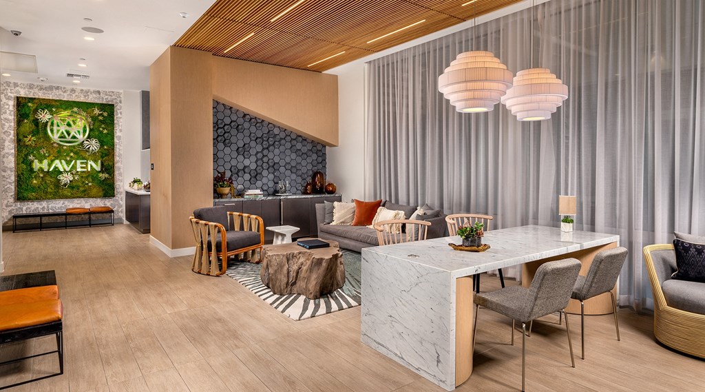 Beautiful lobby with places to sit and a coffee station