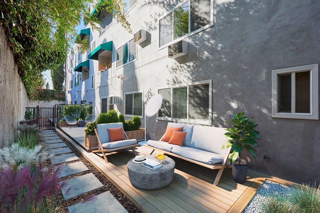 Outdoor lounge area with comfortable chairs