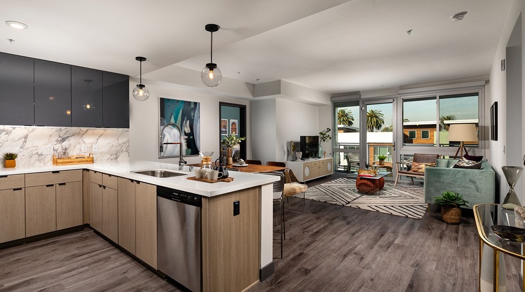 Kitchen with modern appliances and spacious living area