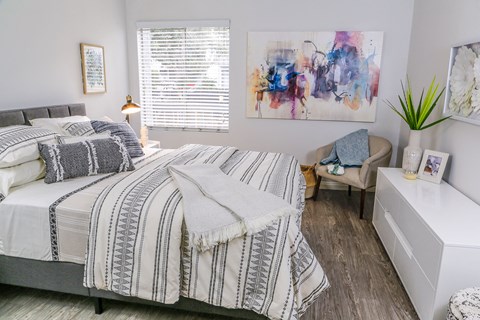 Bedroom With Cozy Decor and Hardwood Style Flooring