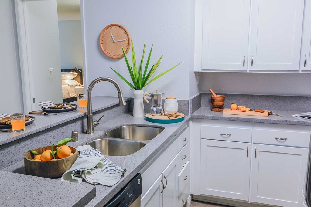 Gourmet kitchen with designer shaker-style cabinetry and quartz countertops