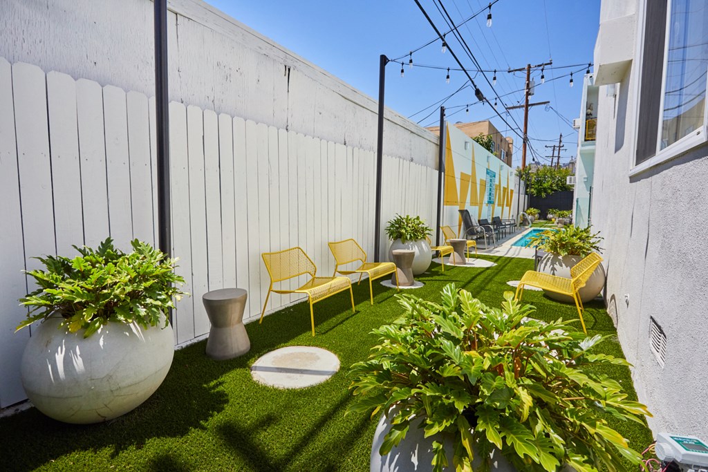 Outdoor Courtyard with greenery and hanging lights