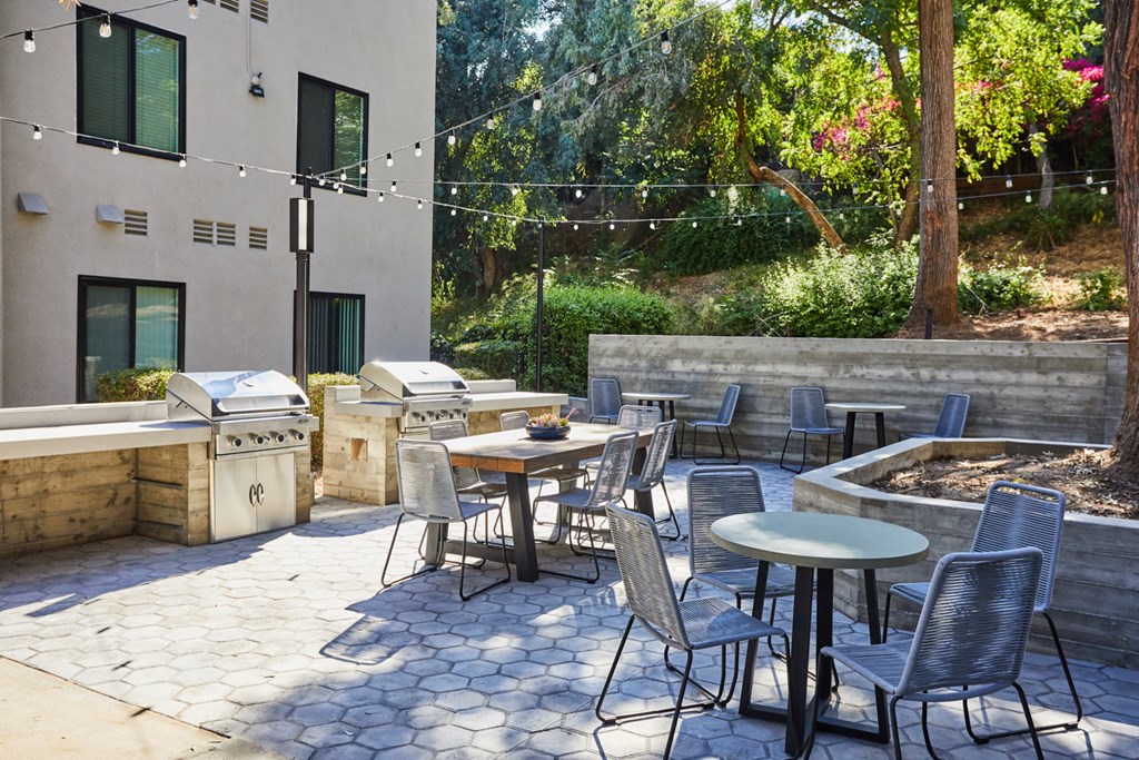 Outdoor lounge area with two BBQs and tables and chairs