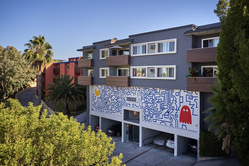 Exterior with artistic pac-man mural