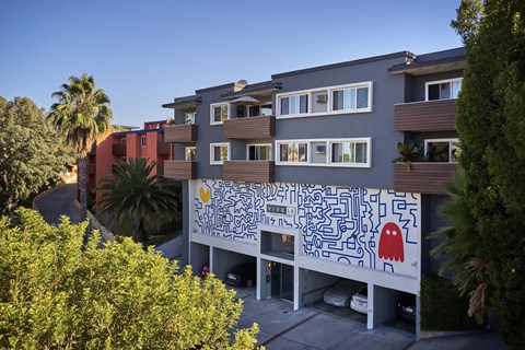 Exterior with artistic pac-man mural