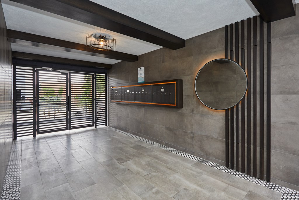 Sleek, modern entrance with mailboxes
